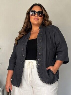 Multiples 100% Linen Ruffle Military Jacket 2X Black Boho Lagenlook Artsy